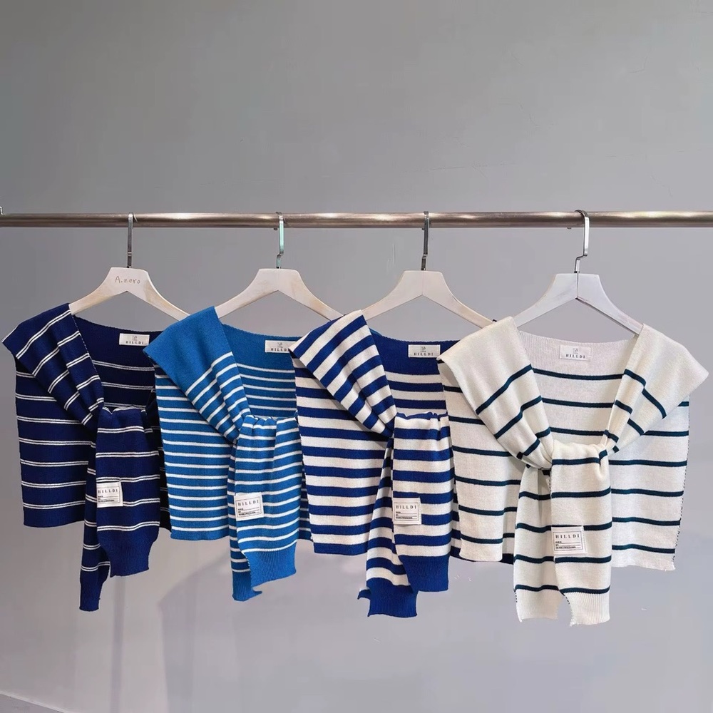 Elegant Striped Scarf Set - Blue and White